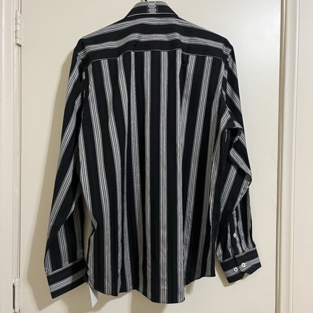 TailorByrd Mens Dress Shirt Medium Black White Stripe Contrast Cuff 100% Cotton - Picture 2 of 9